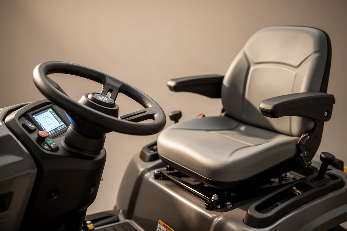 Primo piano del volante del tagliaerba e del display digitale che mostra lo stato della batteria