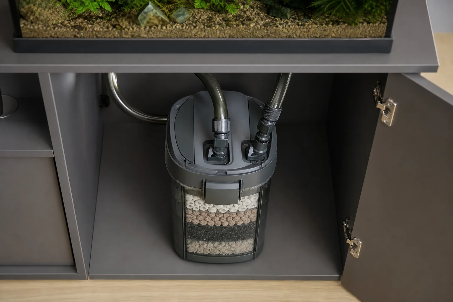 Overhead view of aquarium cabinet with canister filter and plumbing