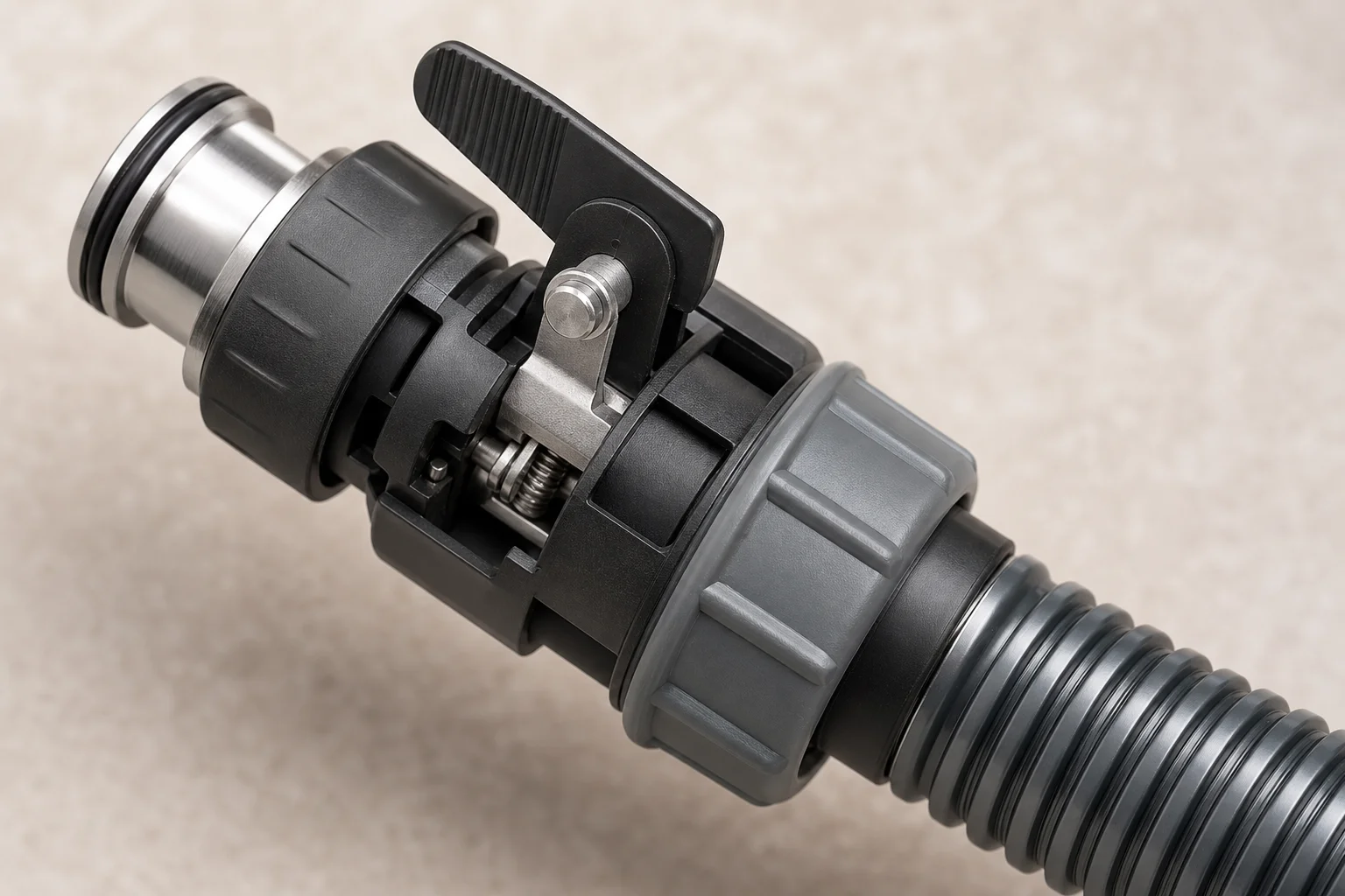 Detailed close-up of filter hose adapter and flow control valve