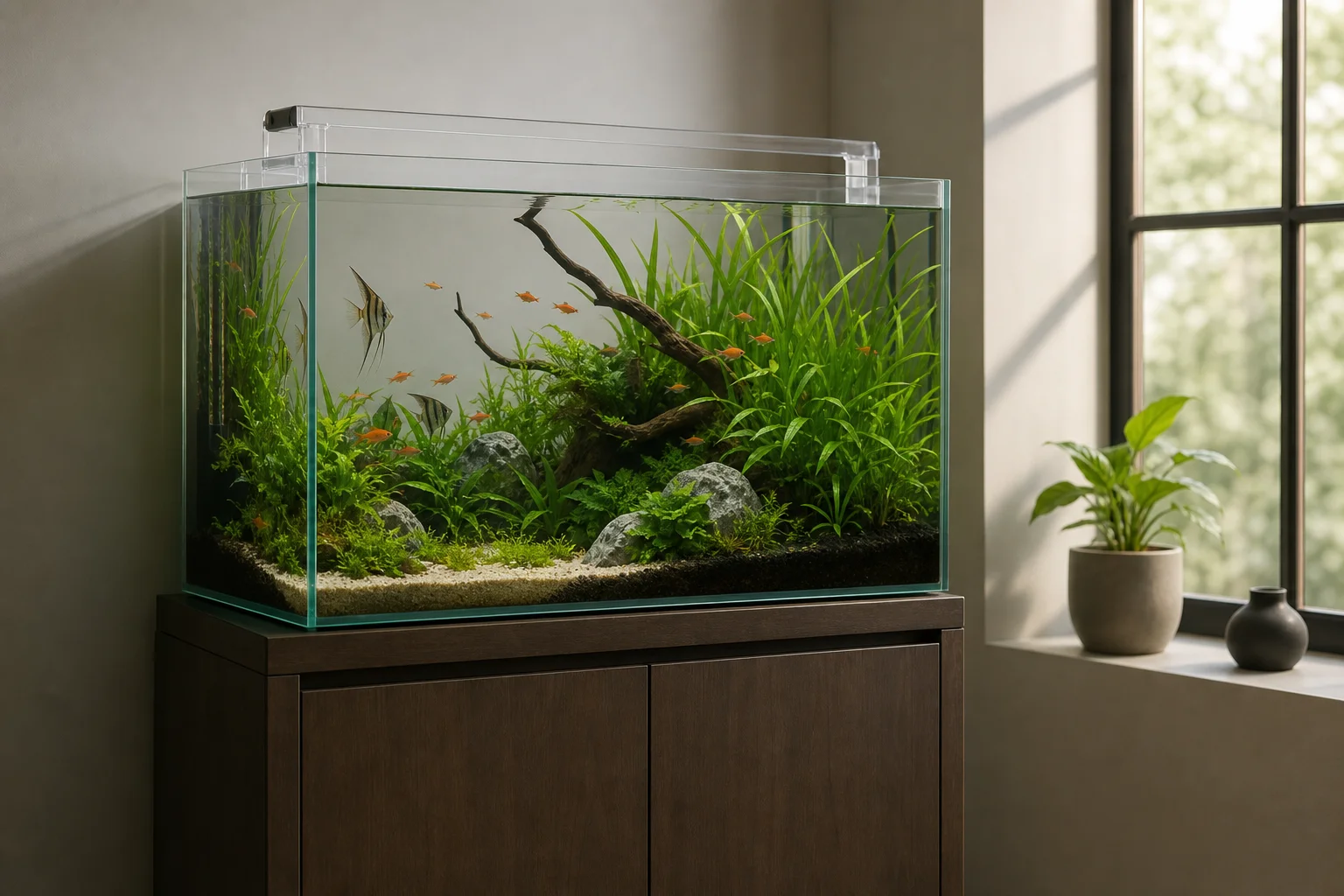 Well-maintained planted aquarium with clear water and thriving plants