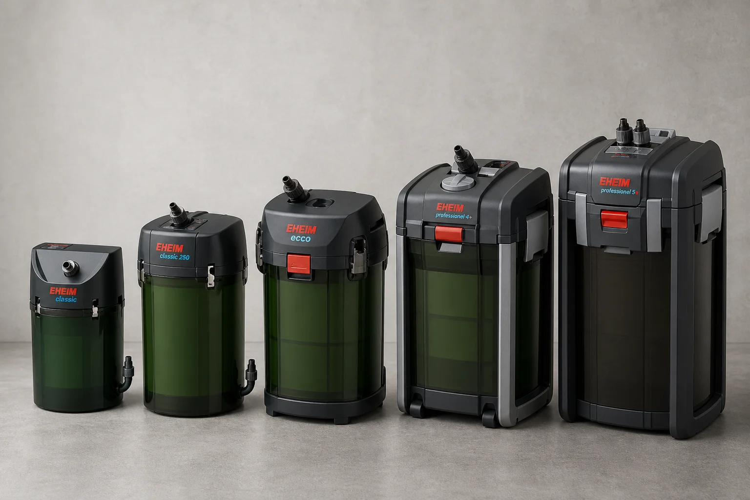 Array of Eheim canister filters in ascending size order on grey surface