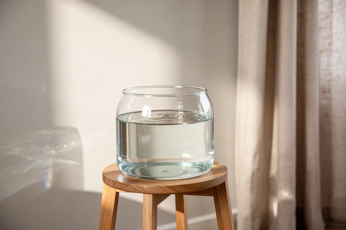Kleines Glas-Aquarium auf einem hellen Holzständer in einem hellen Wohnzimmer mit gekräuselter Wasseroberfläche