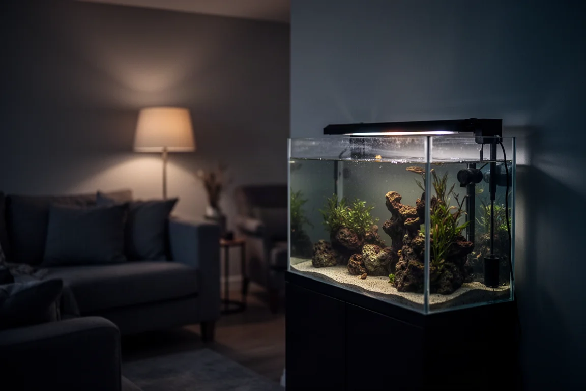 Ruhig beleuchtetes Aquarium in einem dunklen Wohnzimmer bei Nacht, das warmes Lampenlicht reflektiert