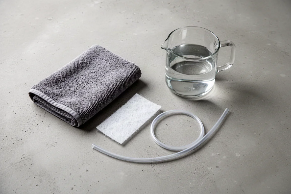 Flat-Lay von Aquarienpflege-Utensilien auf einer matten Betonoberfläche