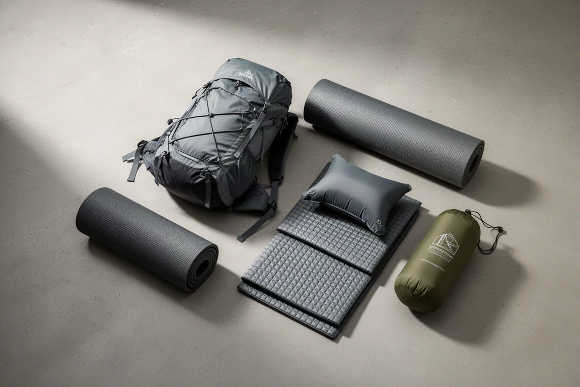 Ultralight backpacking-uitrusting gerangschikt op een betonnen oppervlak voor een redactionele roundup