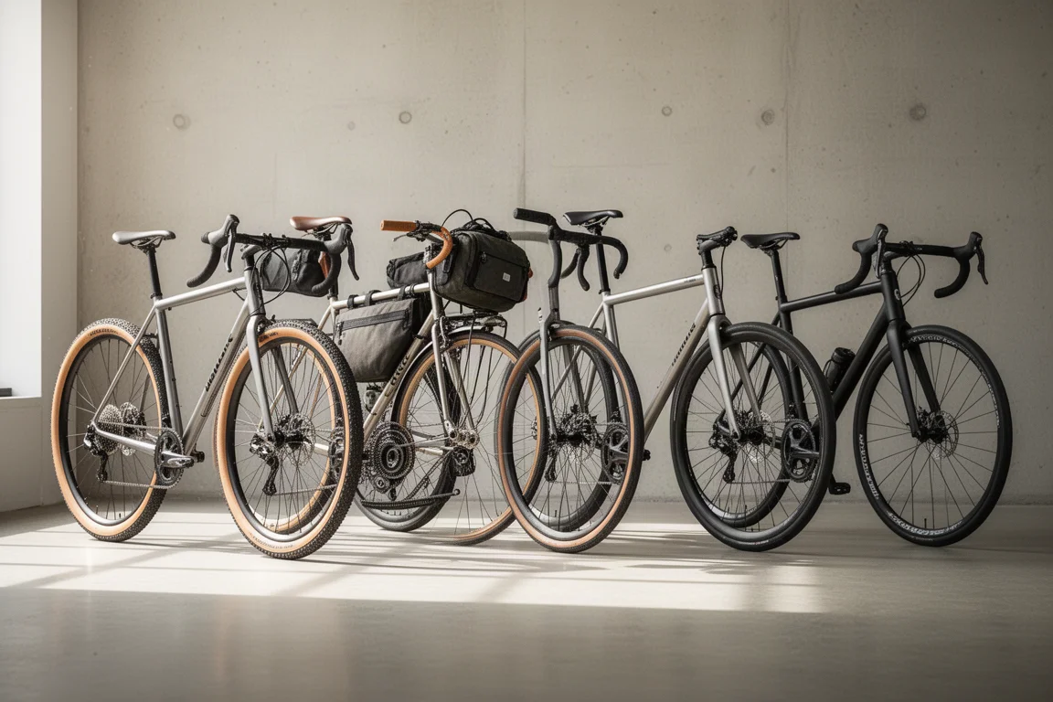 Steel gravel frameset with wheels and components arranged on a concrete workshop surface