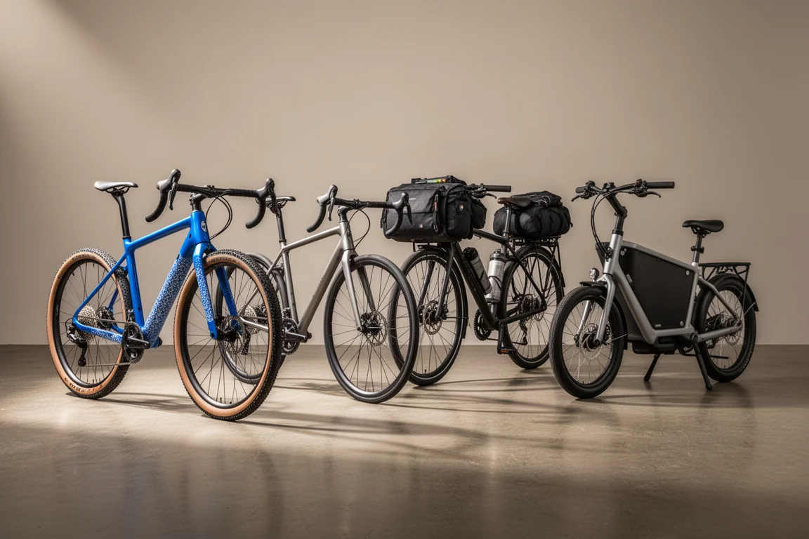 Row of gravel, road, touring and cargo bicycles arranged on a concrete studio floor