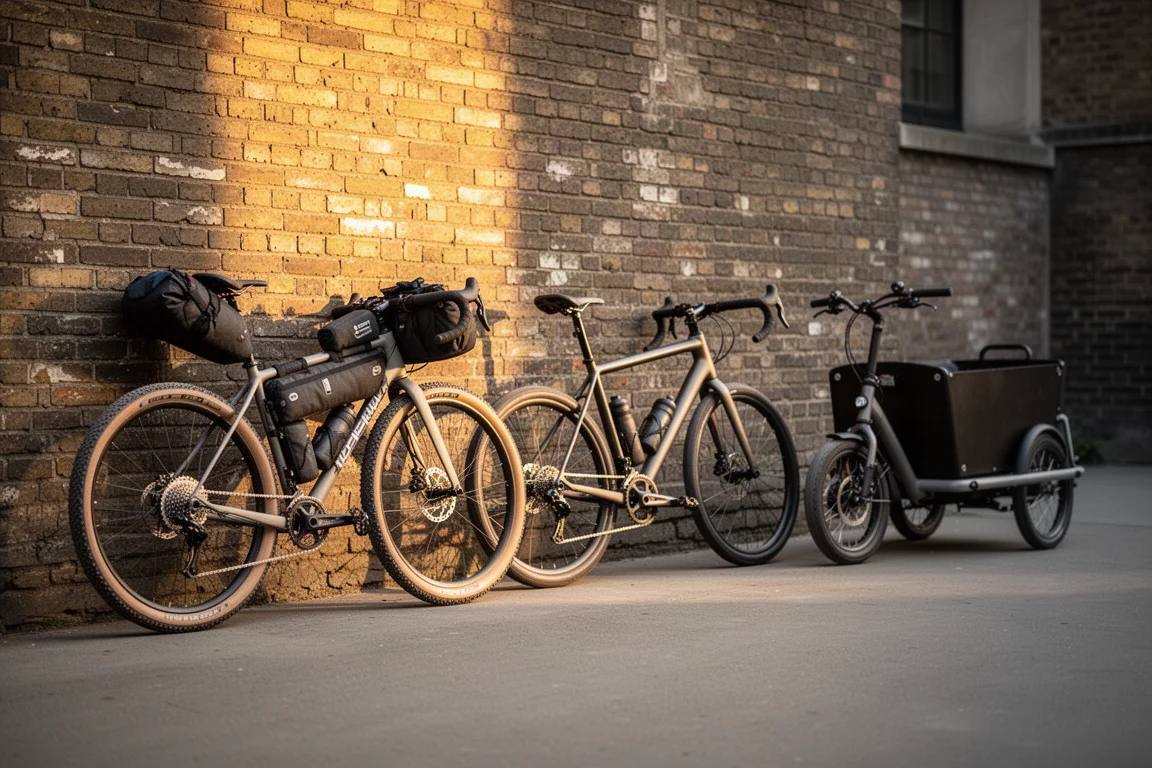 Gravel, road and cargo bikes leaning against a brick wall at golden hour
