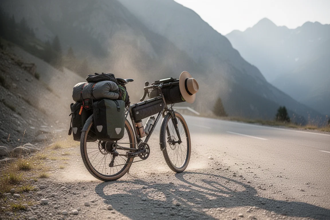 Loaded touring bike with front panniers on a gravel mountain track
