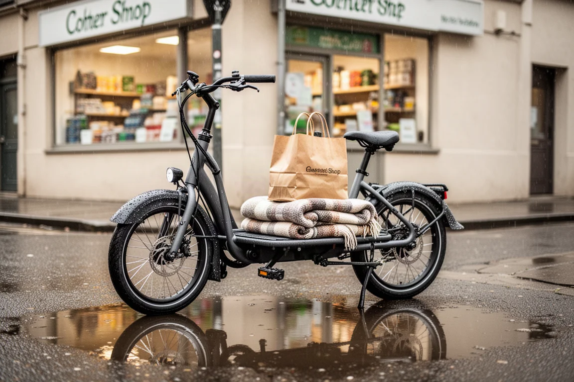 Compact cargo bike with small front wheel parked on a wet city street