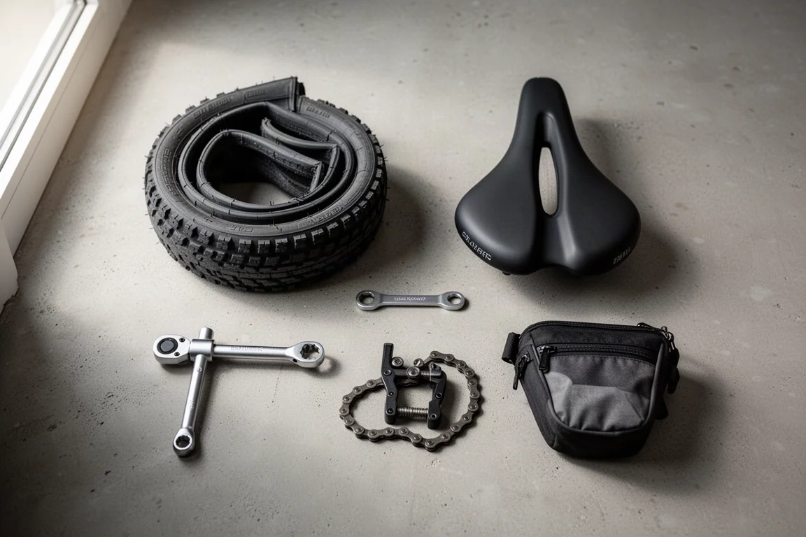 Overhead flat-lay of cycling tyres, saddle, tools and saddle bag on concrete