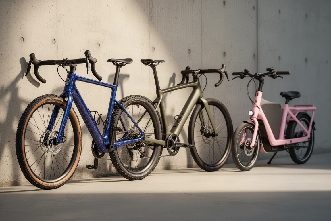 Carbon gravel, endurance road and pink cargo bikes lined up against a concrete wall