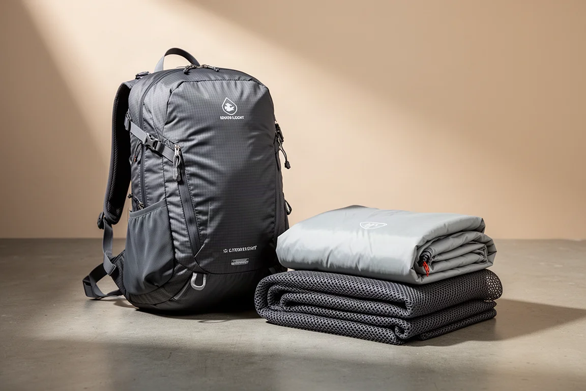 Ultralight backpacking pack, tent and insulation layer arranged on a concrete surface