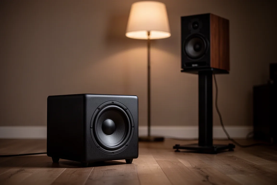 Piccolo subwoofer nero opaco su pavimento in legno accanto a un diffusore da stand al crepuscolo