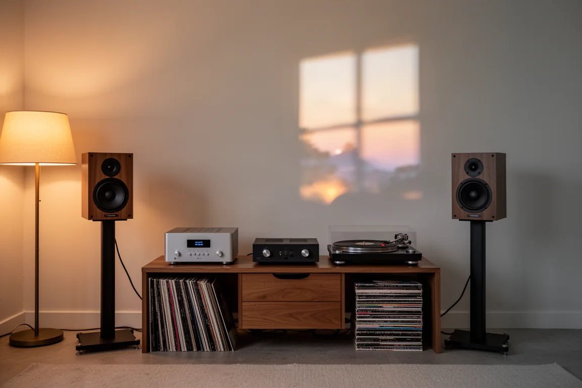 Sala d'ascolto al crepuscolo con diffusori su stand, amplificatore, giradischi e dischi in vinile