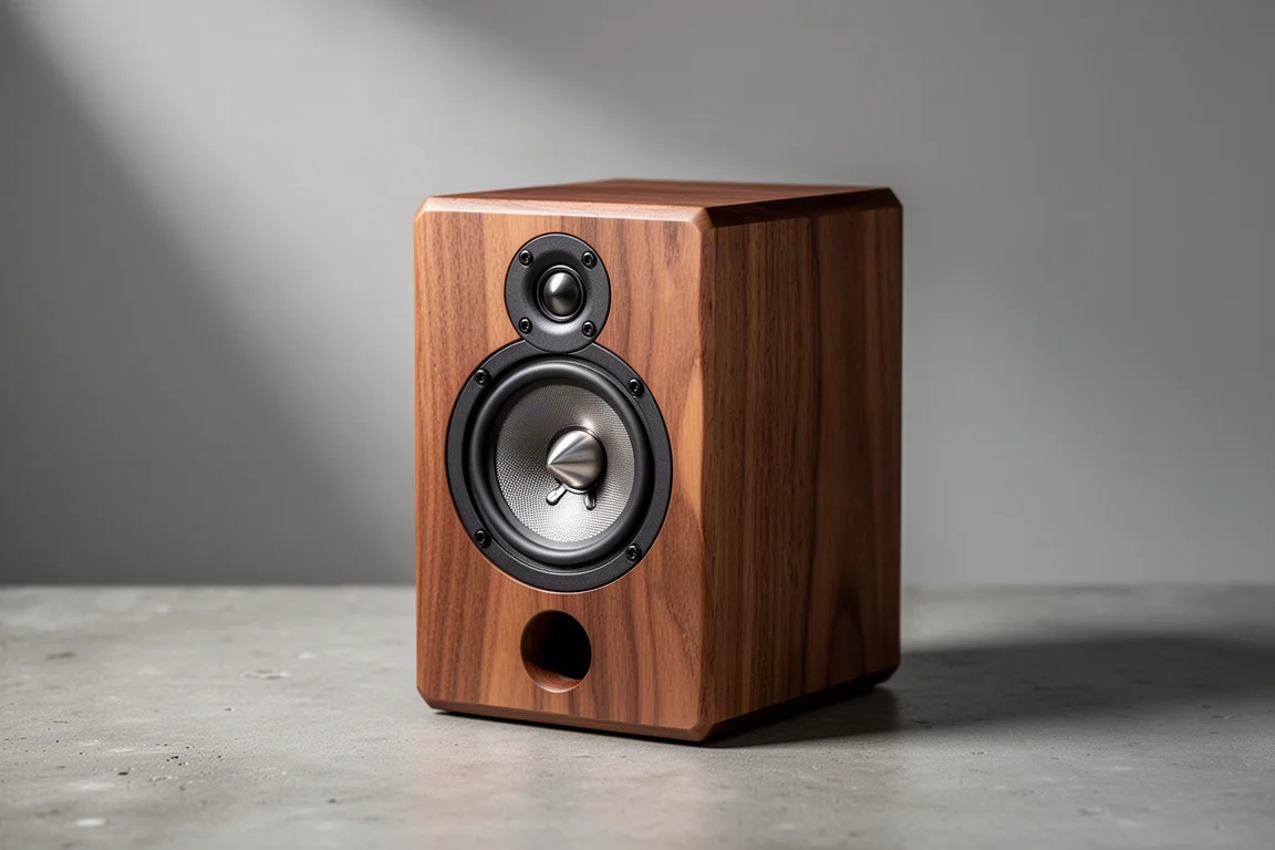 Compact walnut stand-mount speaker with a single metal cone driver and phase plug