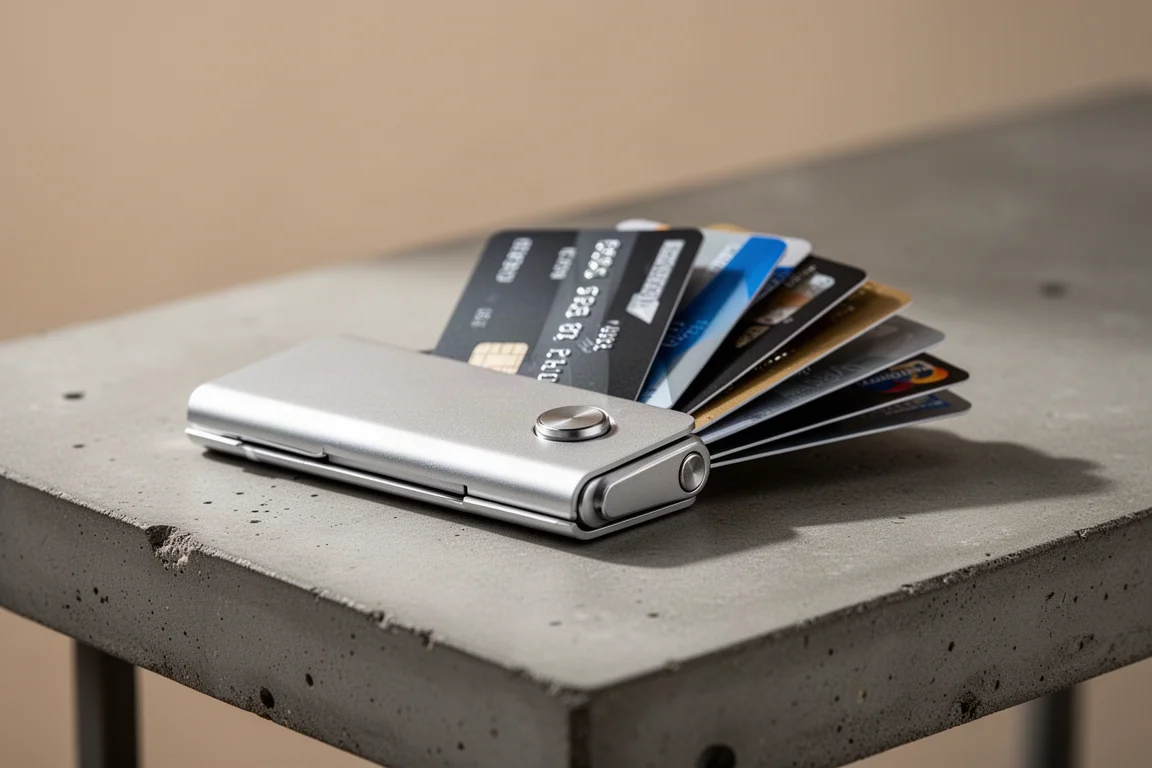 Cartes plates s'éventant depuis un porte-cartes métallique fin