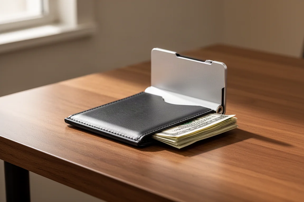 Portefeuille fin avec du cash plié glissé sous sa plaque arrière extensible