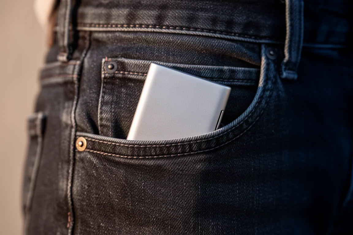 Schlanke Aluminium-Wallet in einer Jeanshose sitzt fast bündig mit der Tasche