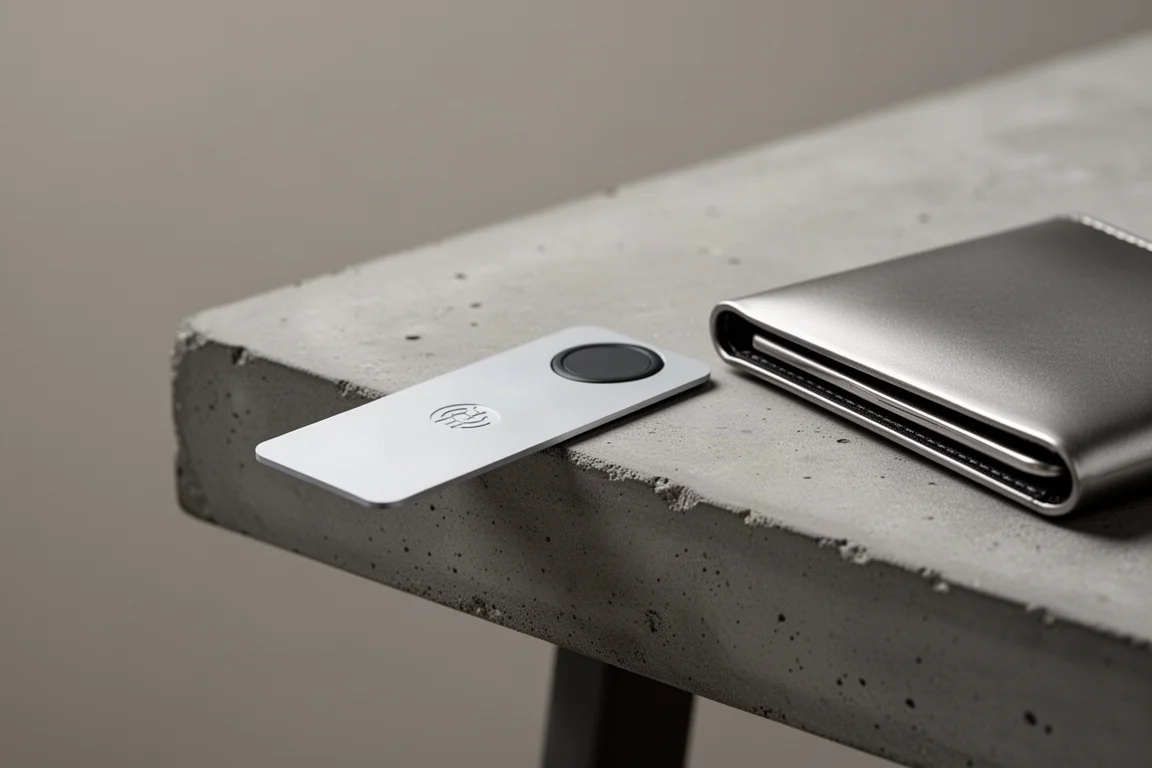 Dünner kartenförmiger Tracker liegt neben einer Wallet auf einem Tisch