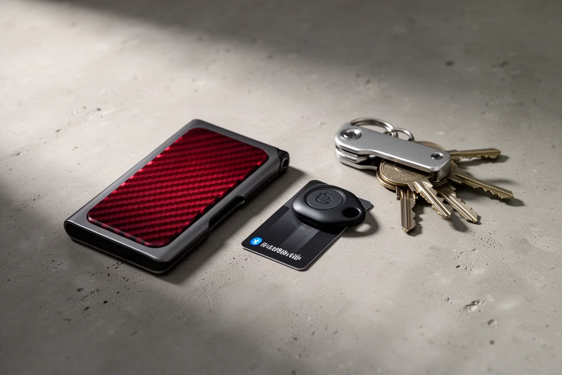 Slim aluminum wallet, card tracker and key organizer arranged on concrete