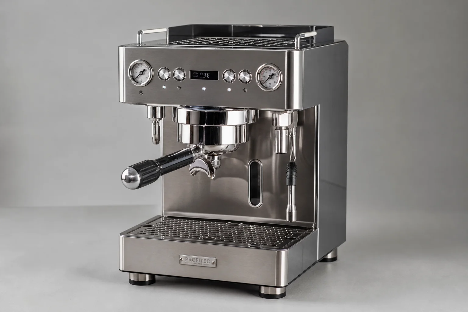Four espresso machines arranged by size and type on neutral backdrop