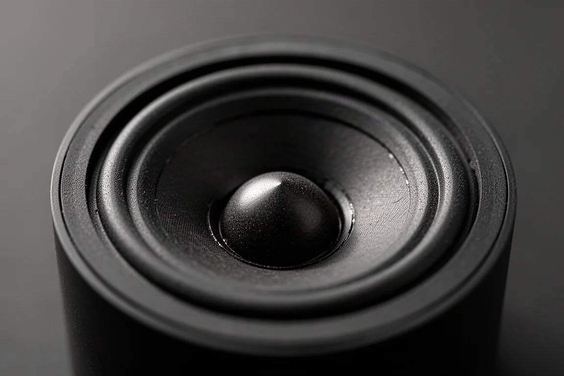 近距離拍攝喇叭前障板上的小型低音單元錐盆與半球形高音單元