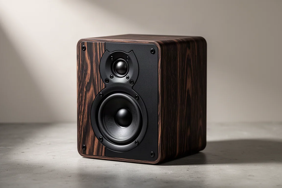 Compact ELAC BS41 bookshelf speakers with dark wood-grain cabinets on a concrete surface