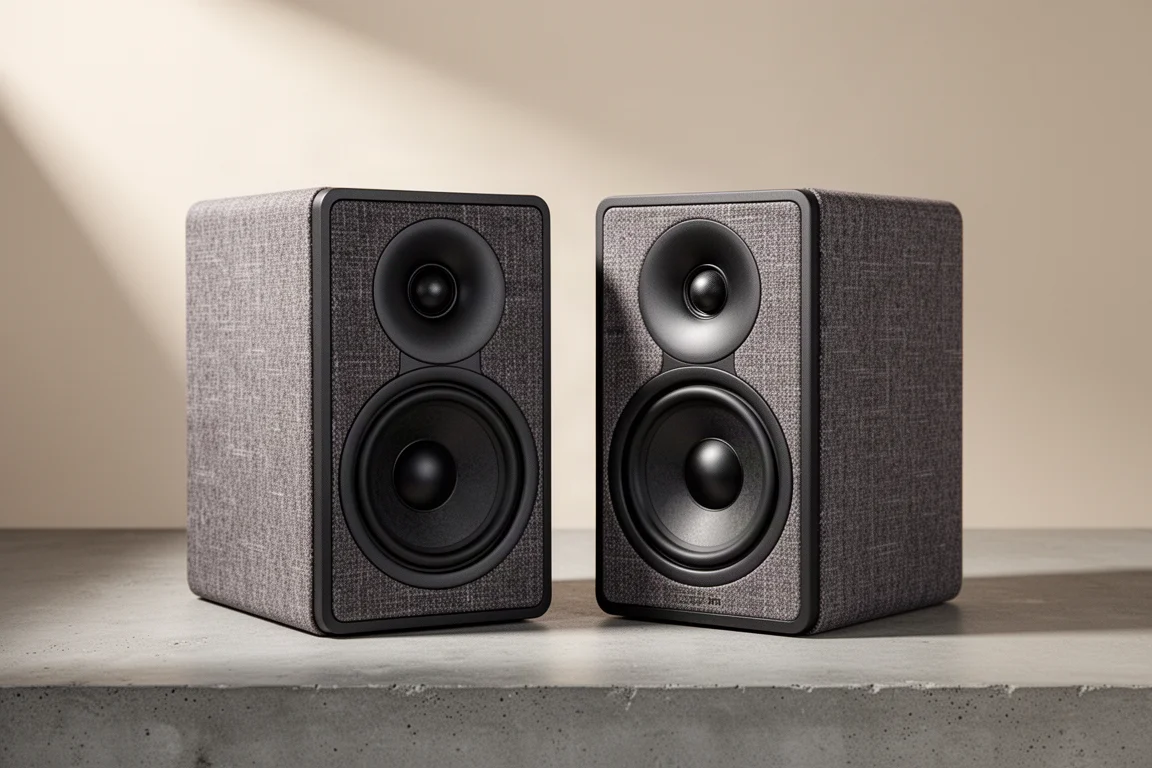 Two compact bookshelf speakers with dome tweeters and 6.5 inch woofers on a concrete surface