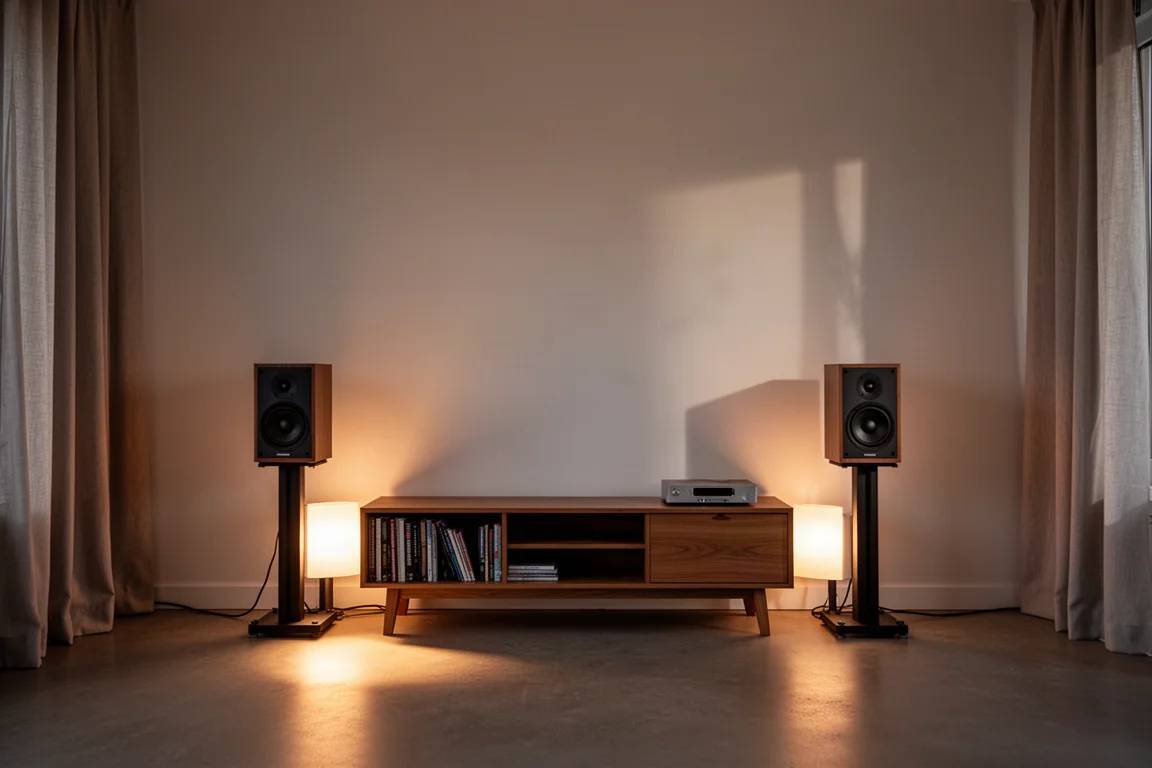 Wohnzimmer in der Dämmerung mit zwei Regallautsprechern auf Ständern neben einem niedrigen Holzschrank