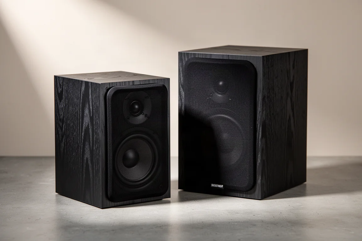 Two compact black bookshelf speakers side by side on a matte concrete surface