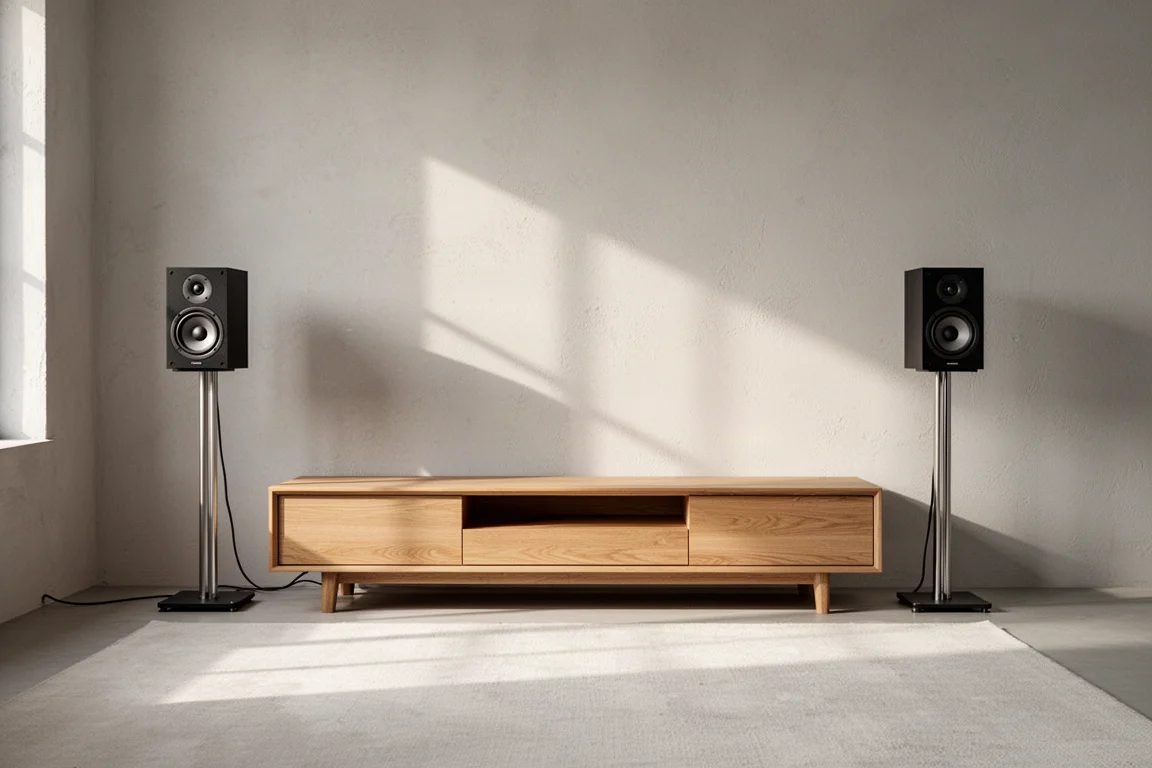 Two bookshelf speakers on stands flanking a low wooden console in a bright living room