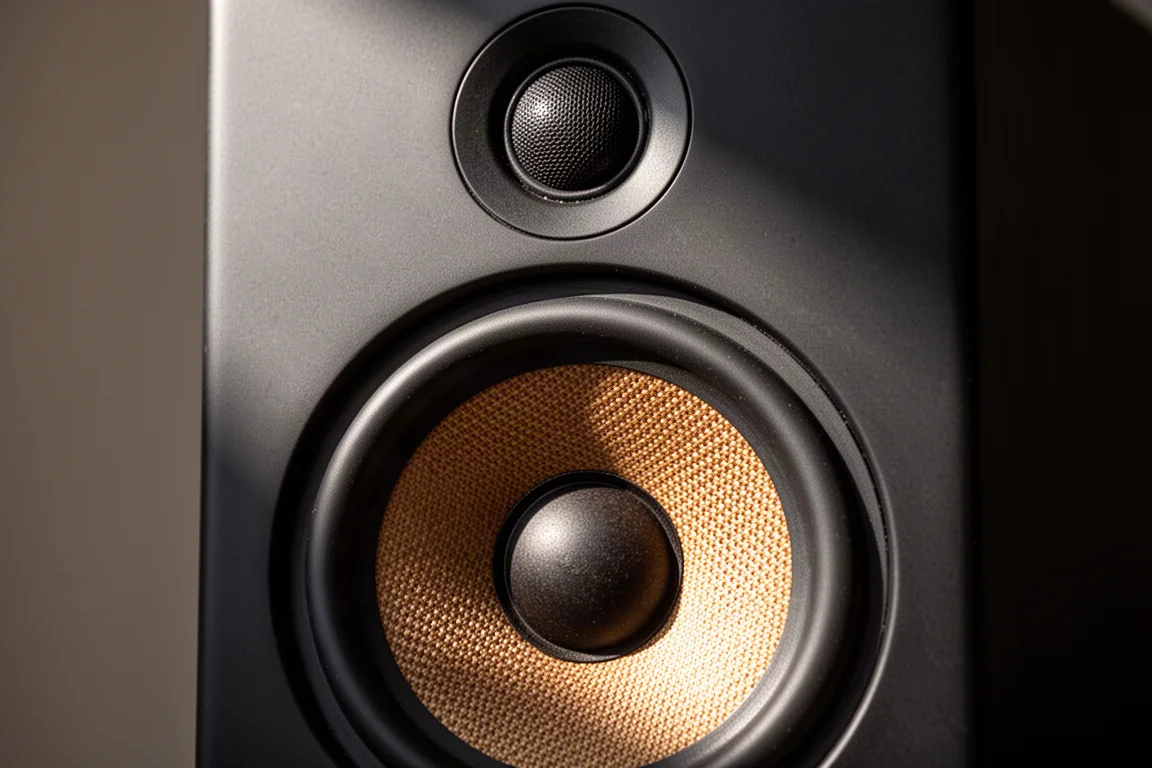 Close-up of a speaker driver cone and dome tweeter with light raking across the surface