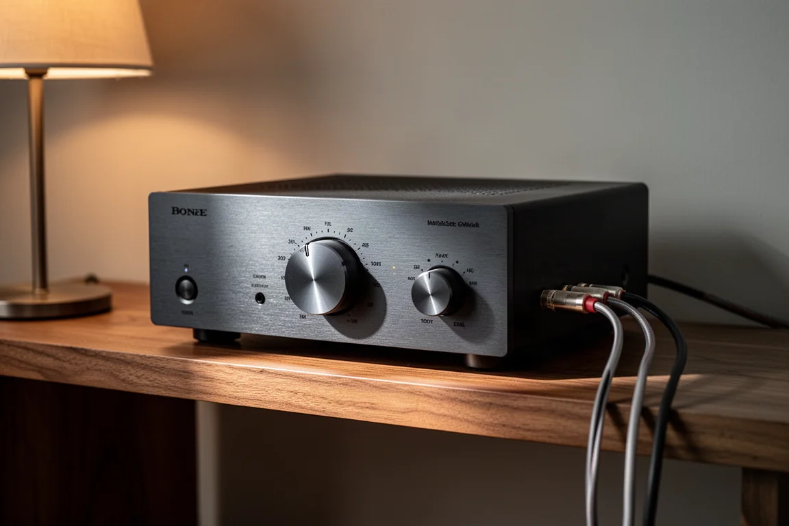 Stereo amplifier with its volume dial turned up on a wooden shelf beside speaker cable