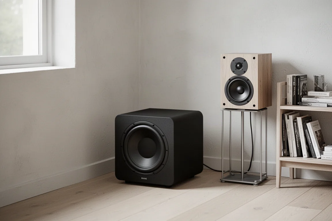 Compact subwoofer in a living room corner beside a bookshelf speaker on a stand