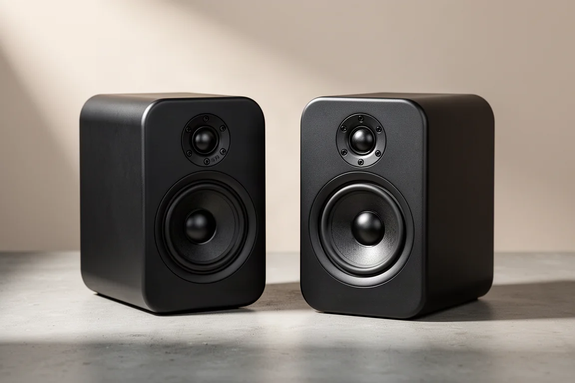 Two compact black ELAC bookshelf speakers side by side on a matte concrete surface