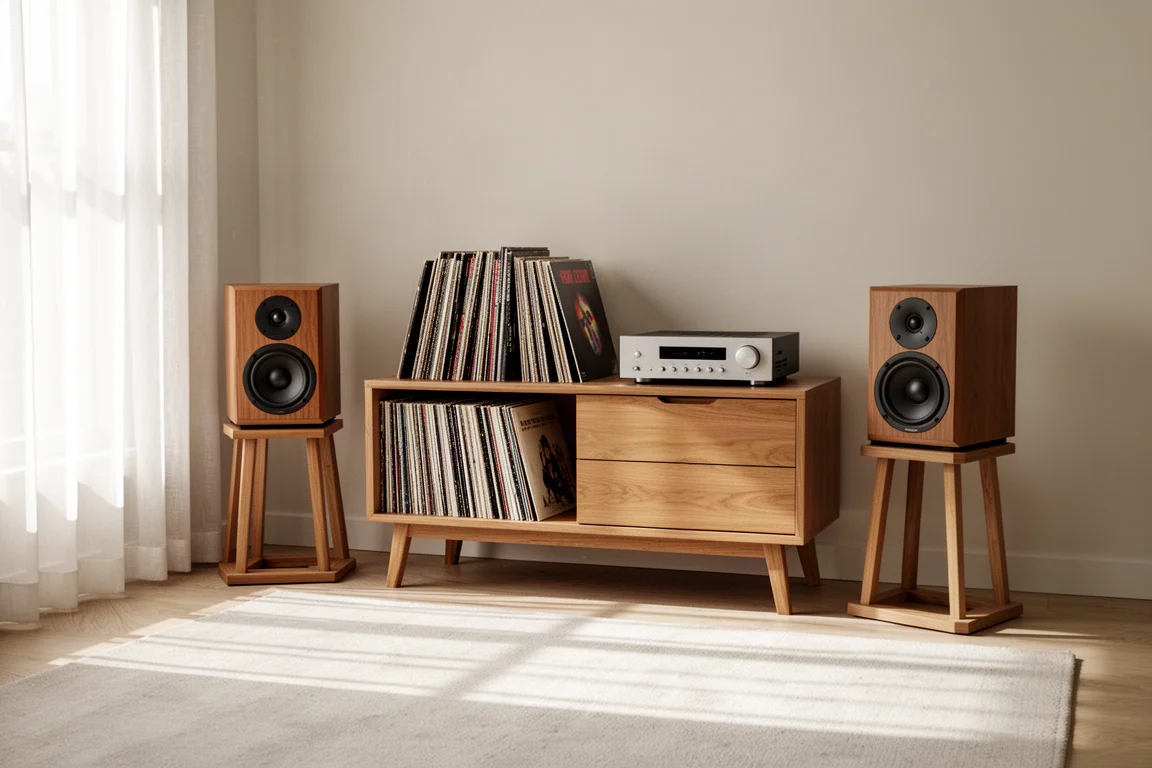 Sonnenbeschienenes Wohnzimmer mit zwei kompakten Regallautsprechern auf Holzständern neben einer Sideboard