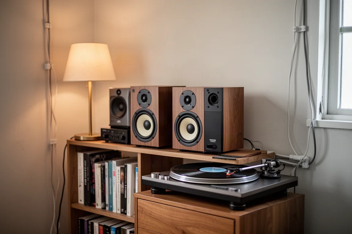 Hi-Fi-Regal in kleiner Wohnung mit Regallautsprechern, Plattenspieler und warmem Lampenlicht