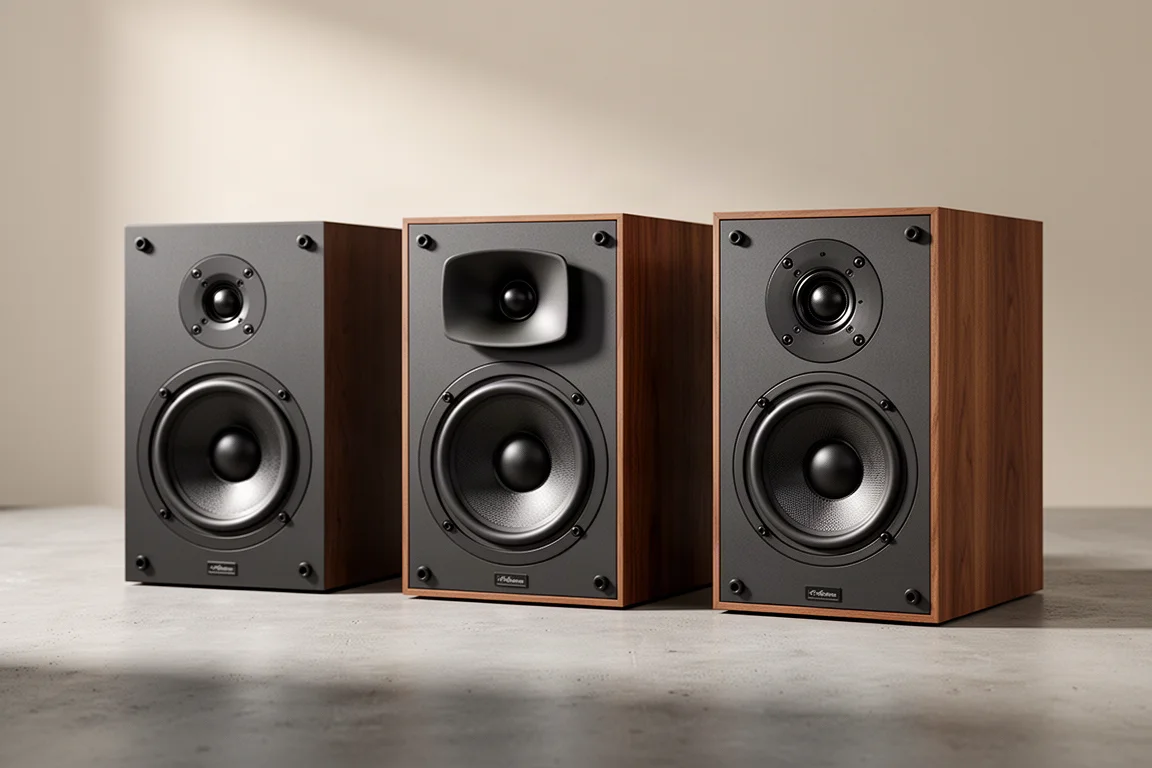 Three compact bookshelf speakers in a row on a matte concrete surface under soft studio light
