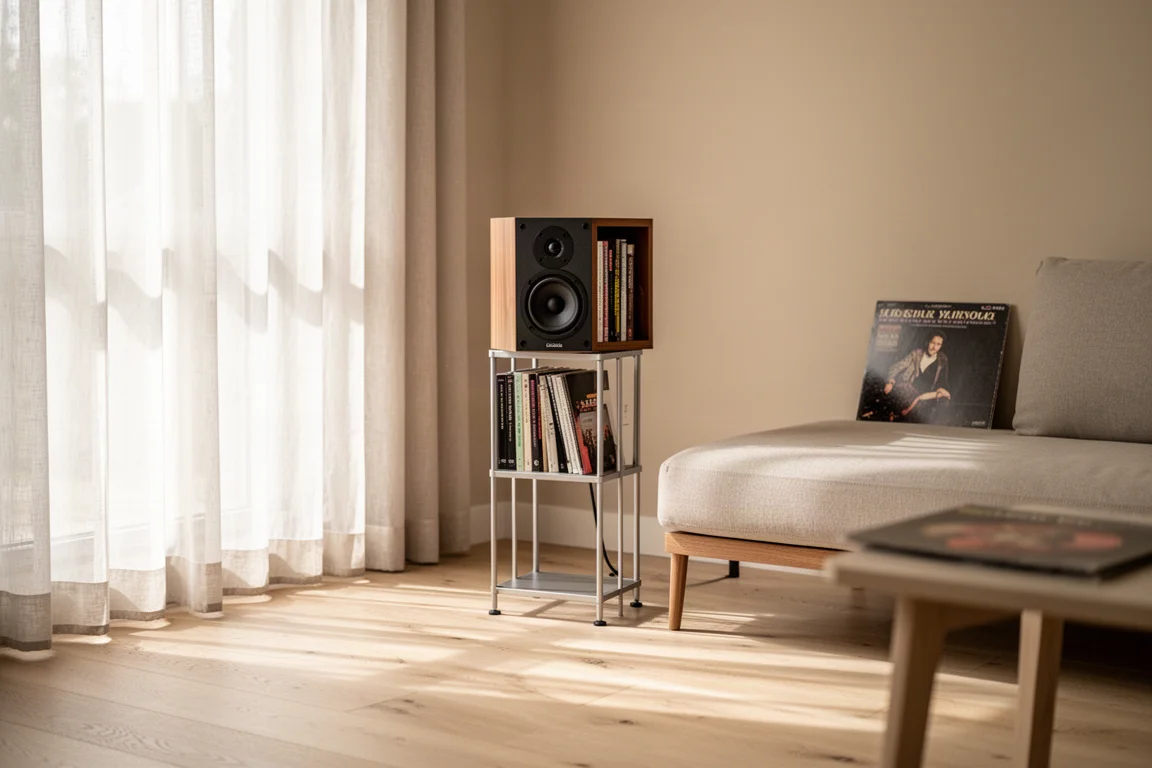 Bookshelf speaker on a stand in a softly lit living room with sheer curtains