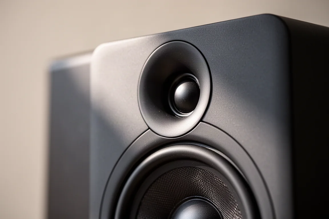 Close-up of a speaker front baffle with tweeter waveguide meeting the woofer surround
