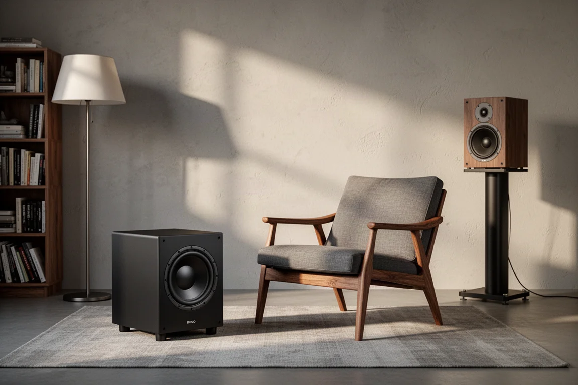 Compact subwoofer beside a listening chair with a bookshelf speaker nearby