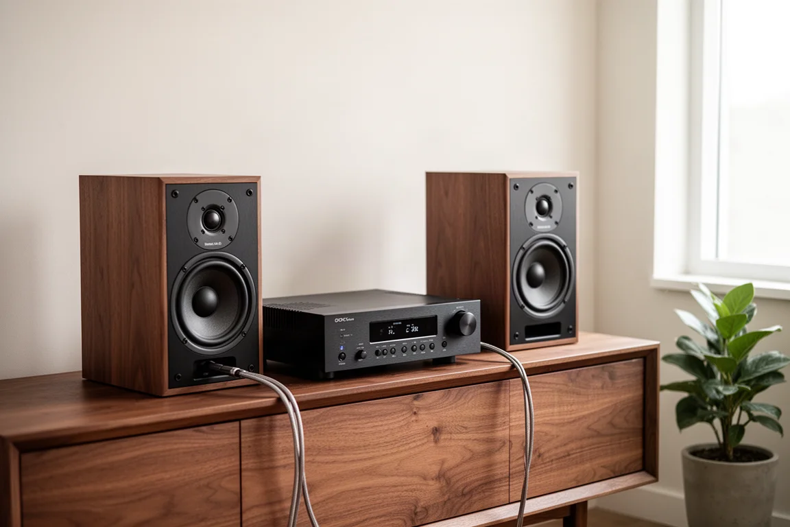 Stereo amplifier and bookshelf speakers on a walnut sideboard in a bright room