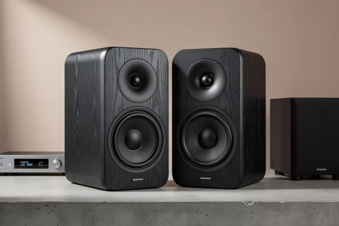 Pair of ELAC Debut 3.0 bookshelf speakers in black ash beside an amplifier