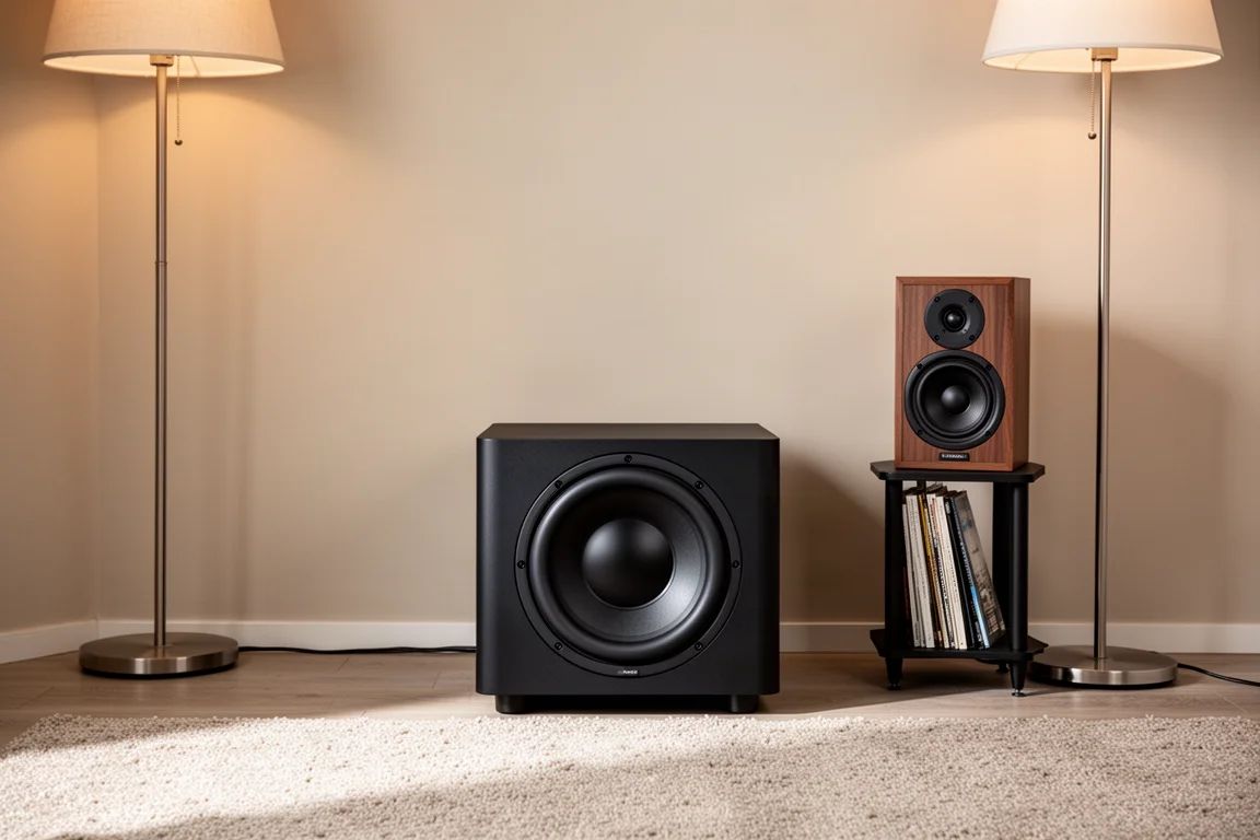 Subwoofer compatto nero opaco nell'angolo di un soggiorno accanto a un diffusore da scaffale