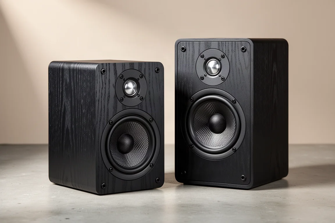 Two black bookshelf speakers side by side on a concrete surface, one smaller than the other