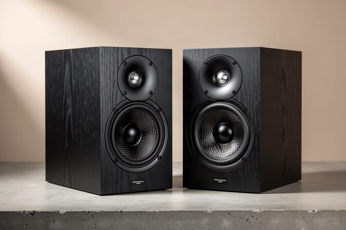 Pair of compact black ash bookshelf speakers with woven cone woofers on concrete