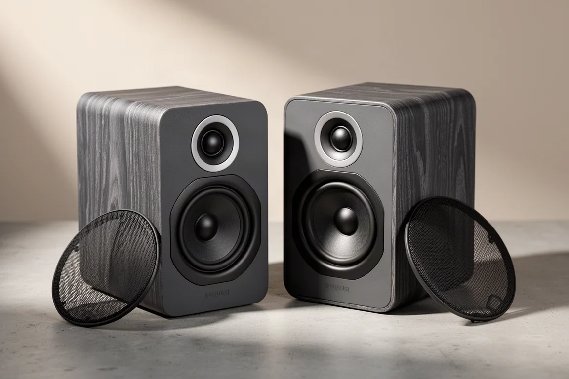 Pair of compact charcoal bookshelf speakers with grilles removed on a concrete surface