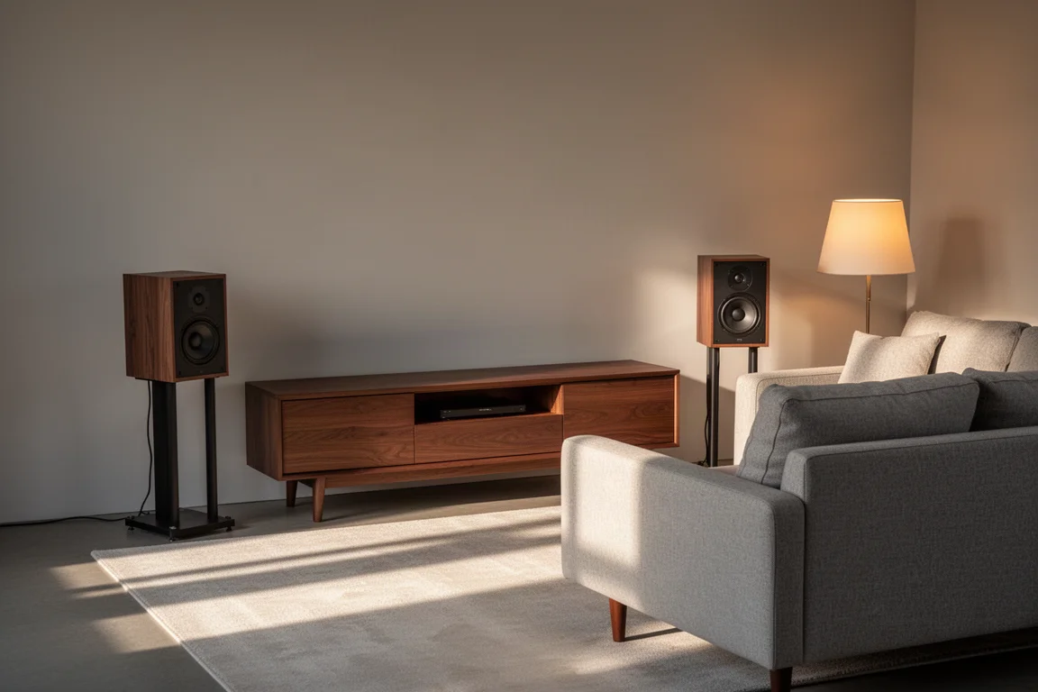 Salón al atardecer con dos altavoces de estantería compactos sobre soportes flanqueando un mueble de madera