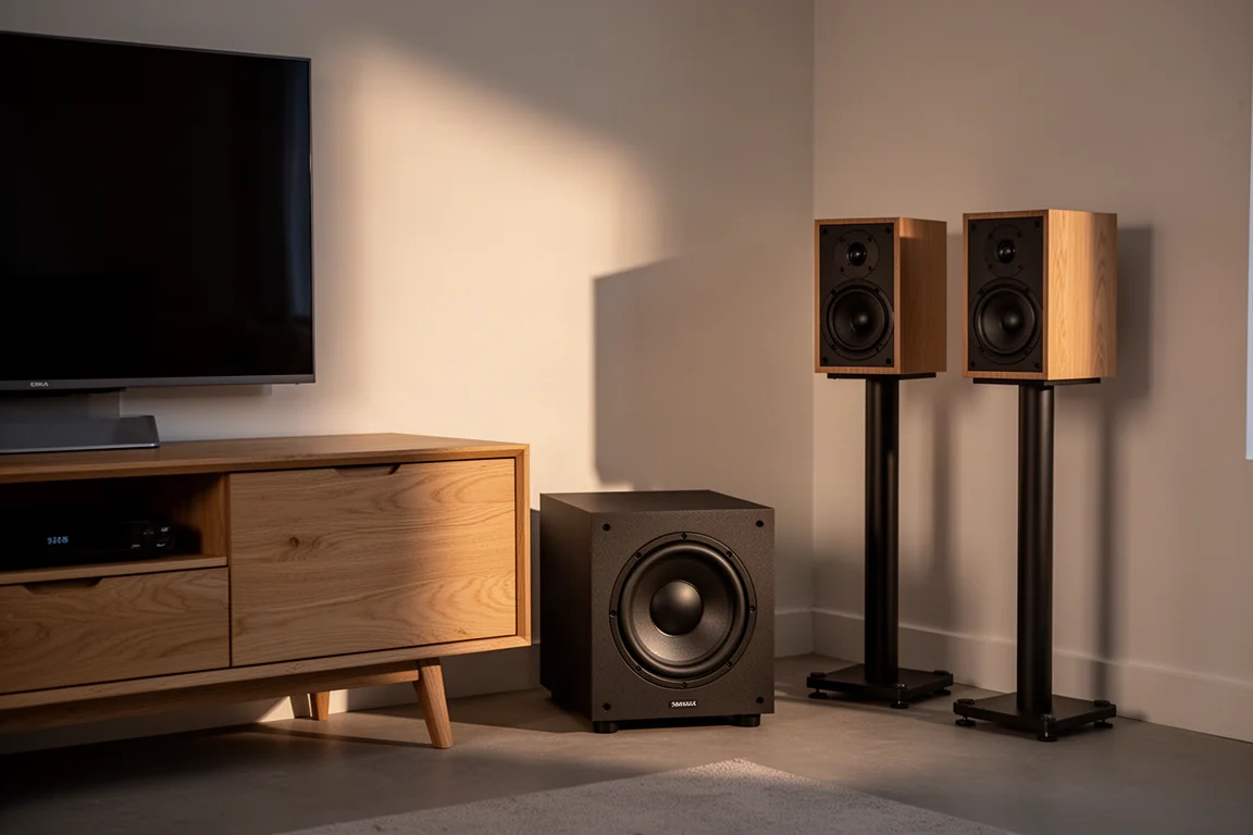 Subwoofer compacto en una esquina del salón junto a un mueble y pequeños altavoces de estantería